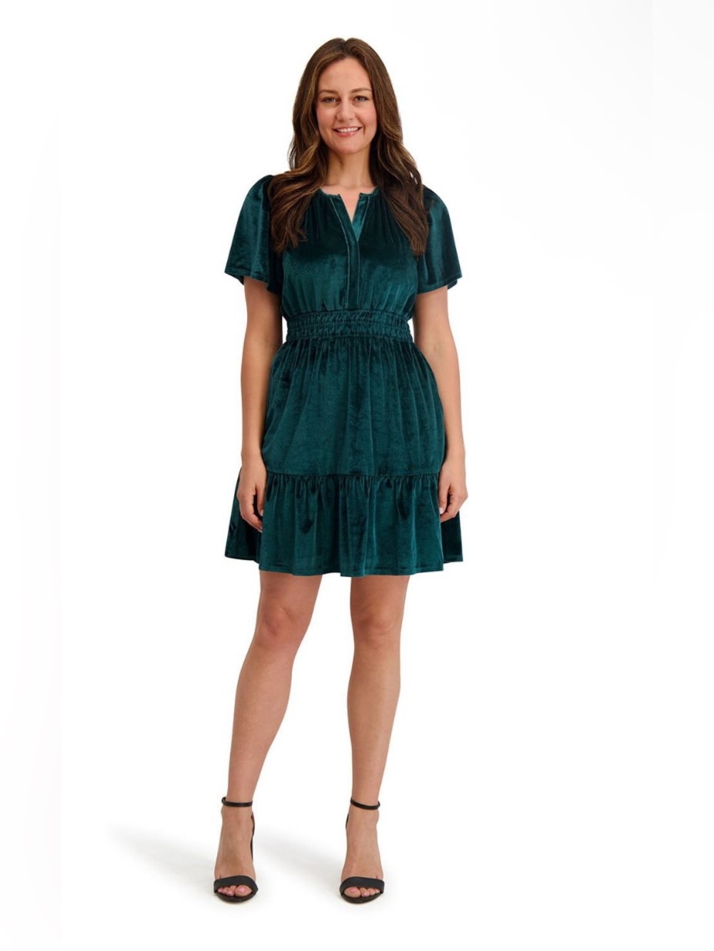 French Connection Green Velvet Smocked Waist Mini Dress NWOT